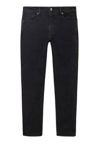 Jeans de mezclilla negra con un corte ajustado, diseño de cinco bolsillos y cierre frontal con botón. Textura suave con un color sólido y limpio.