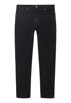 Black denim jeans with a slim fit, five-pocket design, and front button closure. Soft texture with a clean, solid color.