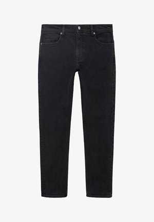 Black denim jeans with a slim fit, five-pocket design, and front button closure. Soft texture with a clean, solid color.