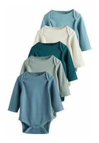 Fem långa ärmar ribbade bodysuits i olika nyanser av blått, teal, grönt och elfenben. Mjuk tyg med tryckknappar i botten.