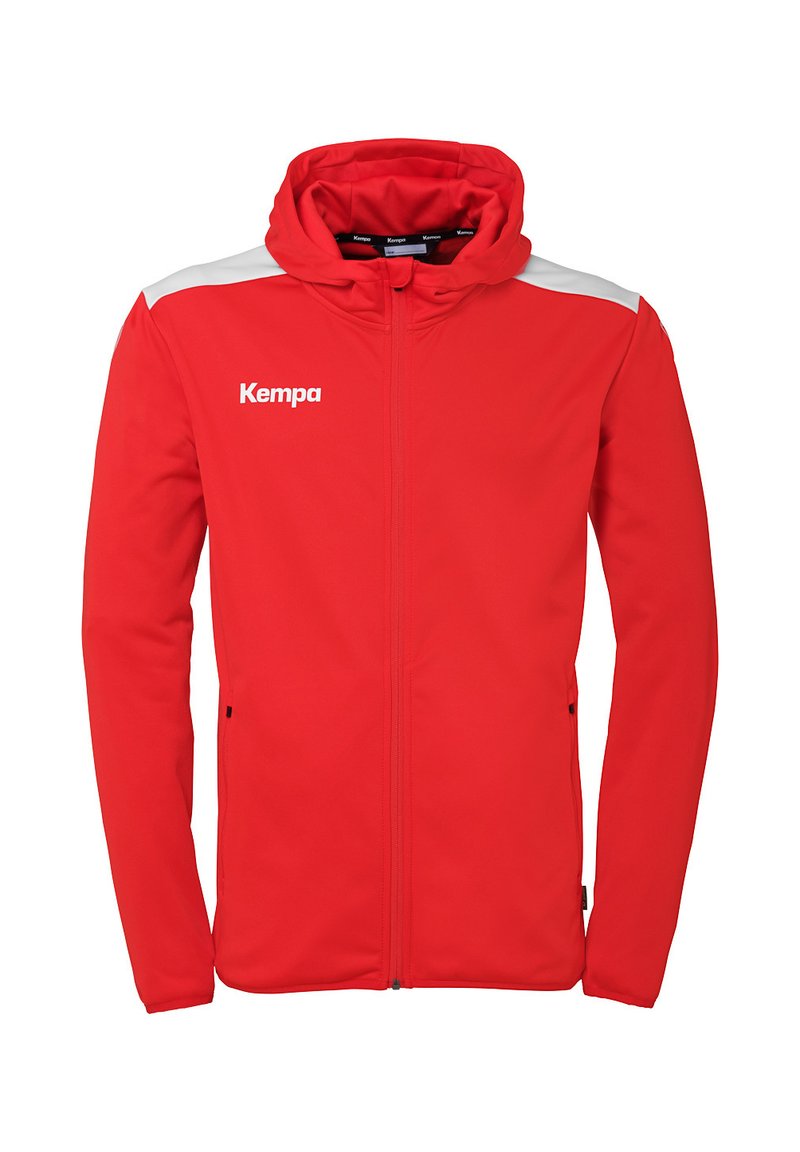 Red hooded jacket made of soft fabric, featuring white accents on the shoulders and a front zipper. Logo on the left chest area.