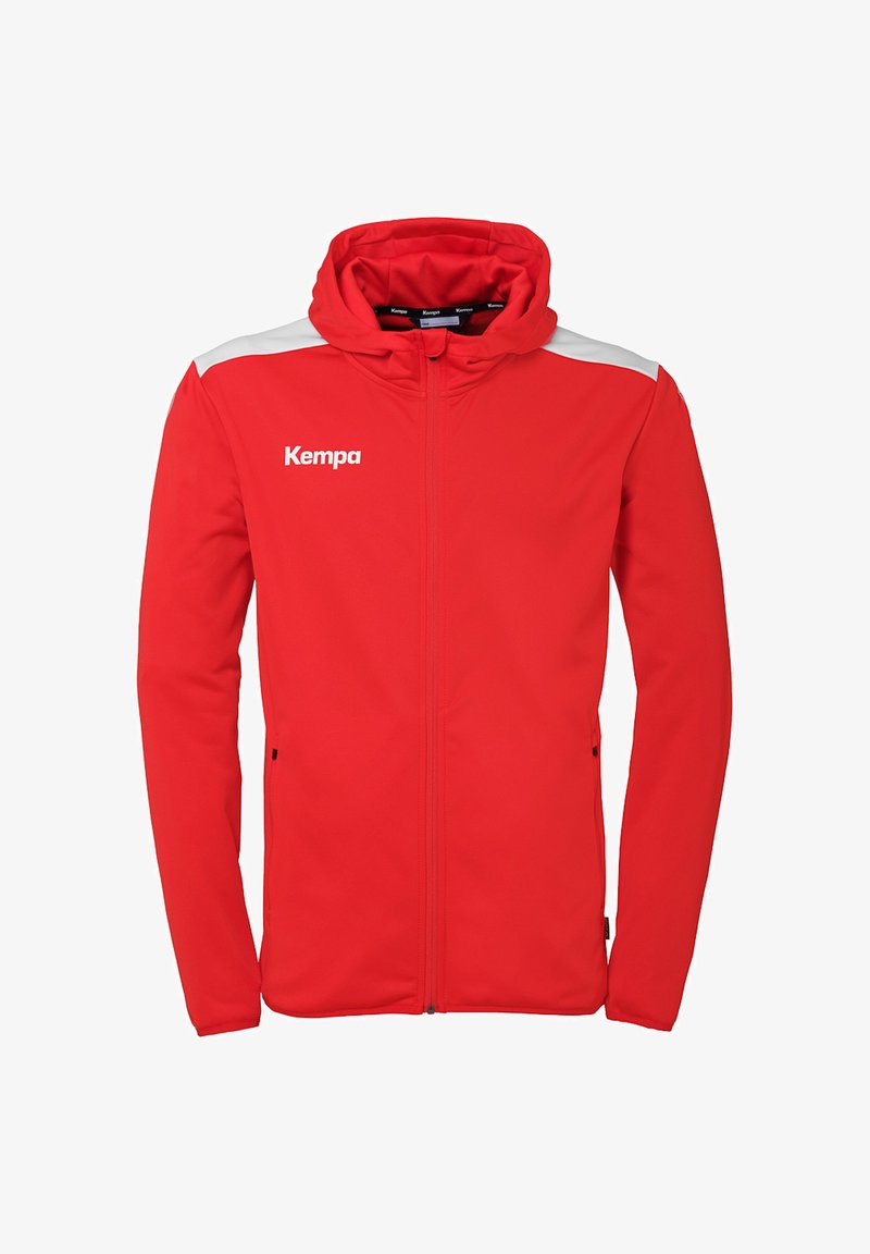 Red hooded jacket made of soft fabric, featuring white accents on the shoulders and a front zipper. Logo on the left chest area.