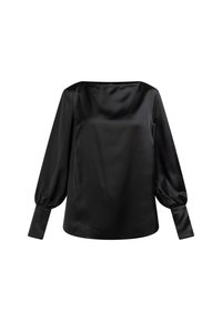 Schwarze Satinbluse mit quadratischem Ausschnitt, langen Puffärmeln und taillierten Manschetten. Glatte Textur mit einem glänzenden Finish.