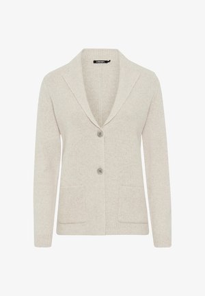 Helle beige Strickjacke mit gerippter Textur, weichem Reverskragen, zwei aufgesetzten Taschen und einem einzigen Knopfverschluss. Weiches Material, lässige Passform.