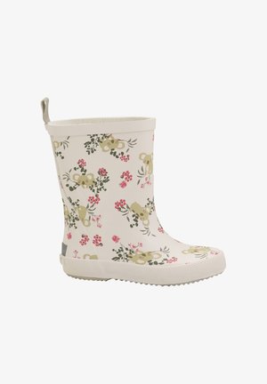 Botte imperméable blanche ornée d'un motif floral et de koalas en vert et rose, dotée d'une semelle texturée et d'une languette à l'arrière pour un enfilage facile.