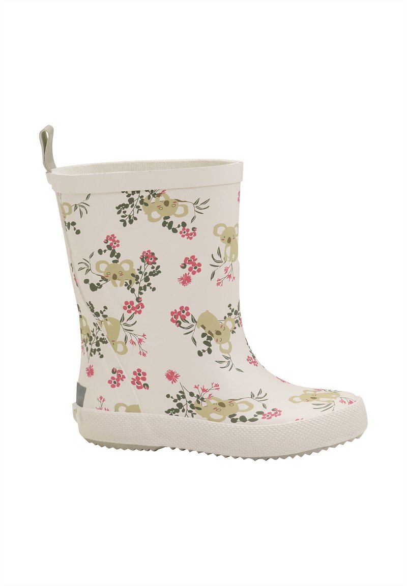 Botte imperméable blanche ornée d'un motif floral et de koalas en vert et rose, dotée d'une semelle texturée et d'une languette à l'arrière pour un enfilage facile.