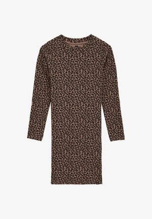 Rochie cu mâneci lungi dintr-un material maro cu imprimeu de leopard negru. Decolteu rotund și croială dreaptă. Textură moale și design flexibil.
