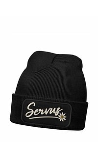 Black knit beanie with a folded cuff, featuring a rectangular patch with the word "Servus" and a white flower design.