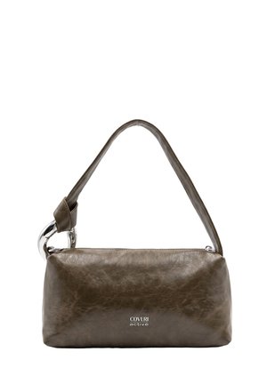 Piccola borsa a mano in pelle marrone scuro con tracolla singola e dettaglio ad anello argentato, con marchio "Coveri active" sul davanti.