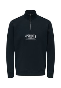 Marineblauwe sweatshirt met een kwart rits en geribde mouwen, voorzien van een wit grafisch logo op de borst met de tekst "4TH QUARTER Athletics."