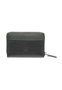 Black leather wallet featuring a zip closure and multiple card slots; smooth texture with a small embossed logo on the front.