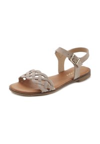 Light gray faux suede sandal with a braided strap design, an adjustable ankle buckle, and a flat brown sole.