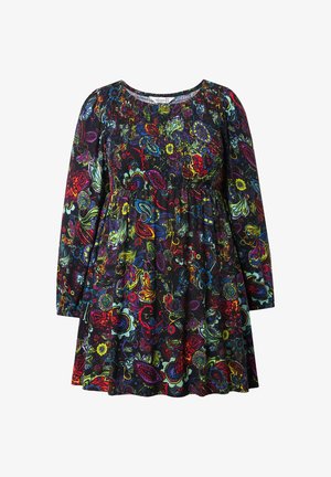 Blumenkleid mit schwarzem Hintergrund, langen Puffärmeln, gerüschtem Oberteil und bunten Details in Rot, Blau, Grün und Gelb.