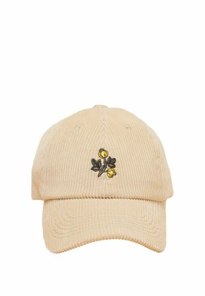 Beige corduroy baseball cap with embroidered small yellow flowers and green leaves on the front center panel.