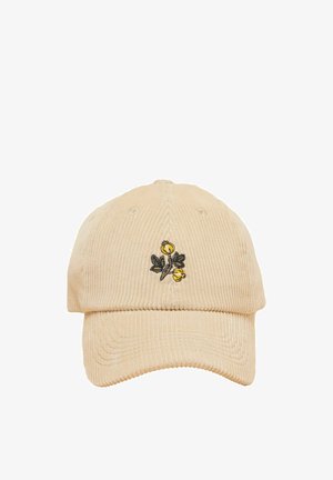 Beige Cord-Baseballmütze mit bestickten kleinen gelben Blumen und grünen Blättern auf der vorderen mittleren Blende.