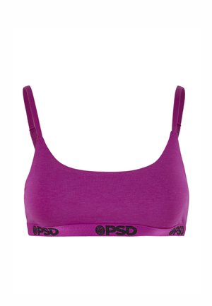 Reggiseno sportivo viola con sottili spalline regolabili e logo nero "PSD" stampato sulla fascia elastica sotto il busto.