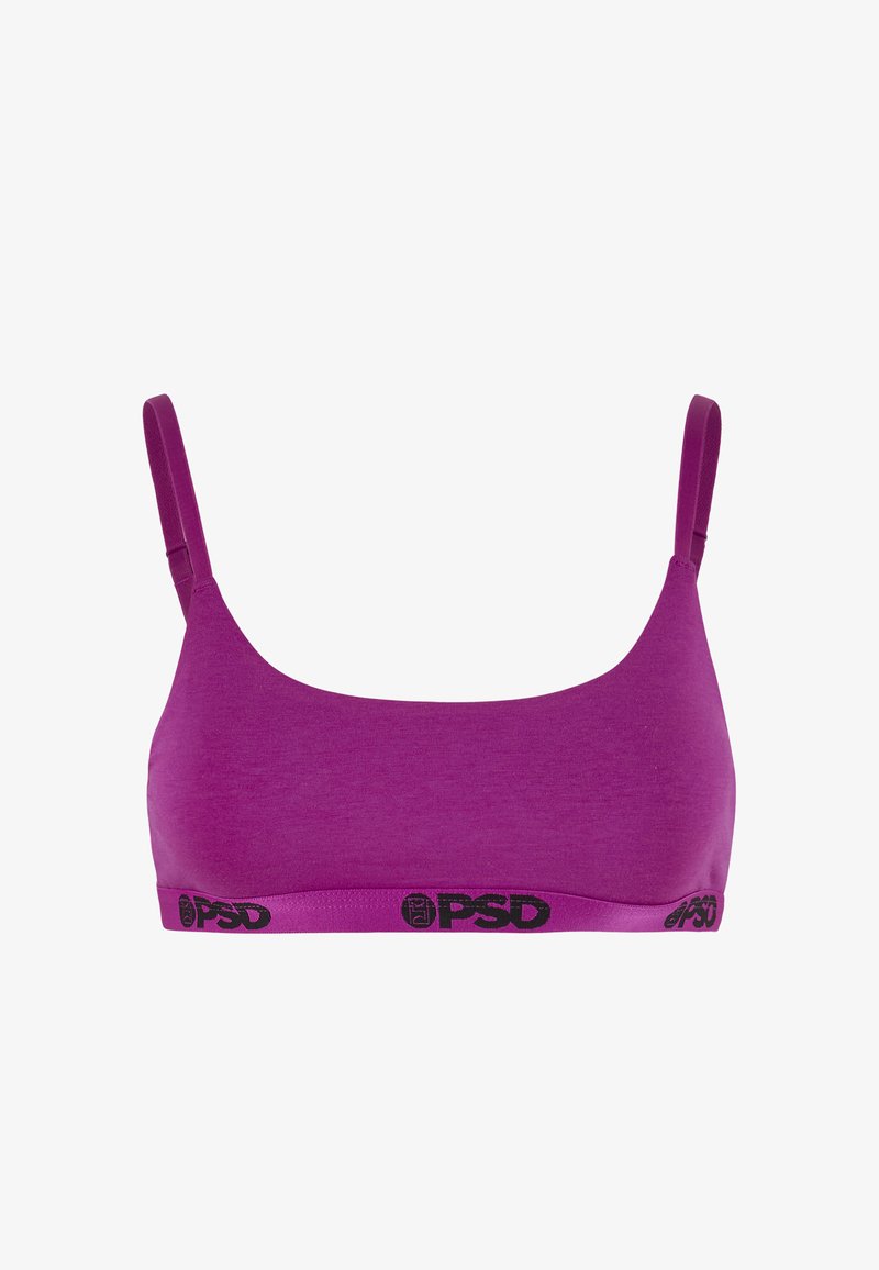 Brassière de sport violette avec bretelles fines réglables et logo "PSD" noir imprimé sur la bande élastique sous la poitrine.
