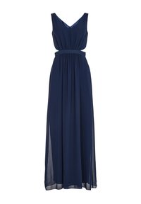 Marineblaues Maxikleid mit V-Ausschnitt, ärmellosem Design, gerafftem Taillenteil und fließendem Rock. Hergestellt aus einem leichten Stoff mit glatter Oberfläche.