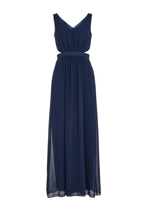Abito lungo blu navy con scollatura a V, senza maniche, vita arricciata e gonna fluida. Realizzato in un tessuto leggero con una texture liscia.
