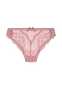 Kanten slip in zachtroze, met bloemenpatronen, doorzichtige panelen en gegolfde randen. Een kleine strikaccent in het midden van de voorkant maakt het ontwerp compleet.