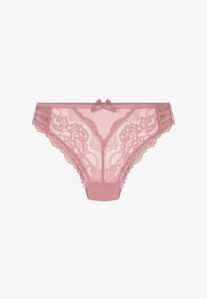 Spitzenhose in sanftem Pink, mit Blumenmustern, transparenten Einsätzen und gewelltem Saum. Ein kleines Schleifen-Detail in der Mitte rundet das Design ab.