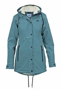 Teal waterproof jacket with a textured fleece lining, buttoned front, adjustable hood, and zippered pockets. Features a drawstring hem.