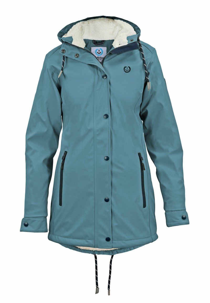 Teal waterproof jacket with a textured fleece lining, buttoned front, adjustable hood, and zippered pockets. Features a drawstring hem.
