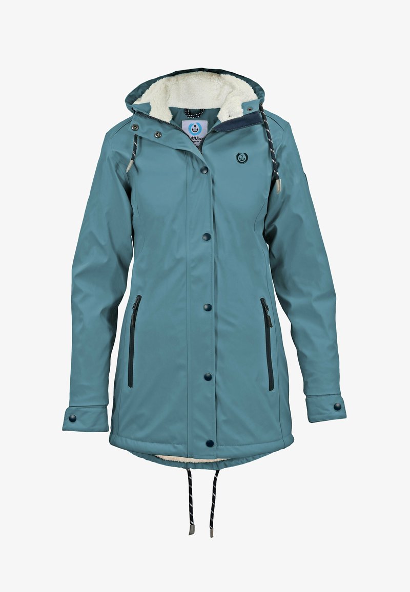 Teal waterproof jacket with a textured fleece lining, buttoned front, adjustable hood, and zippered pockets. Features a drawstring hem.