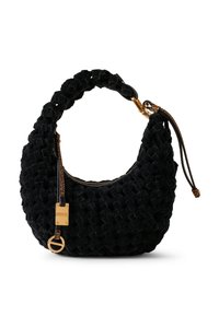 Black woven handbag with a curved shape, textured fabric, gold hardware, and a braided strap. Features a zip closure and keychain detail.