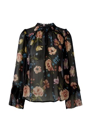 Blouse longue en tissu transparent noir à manches longues, col montant à volants, motif floral rose, jaune et bleu, avec détails à volants sur les épaules et les poignets.