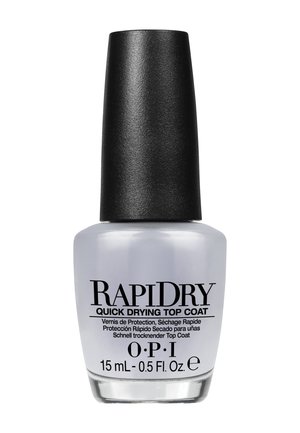 Bottiglia di smalto per unghie OPI Rapidry con top coat a rapido essiccamento, 15 mL, con tappo nero e contenitore in vetro satinato trasparente.