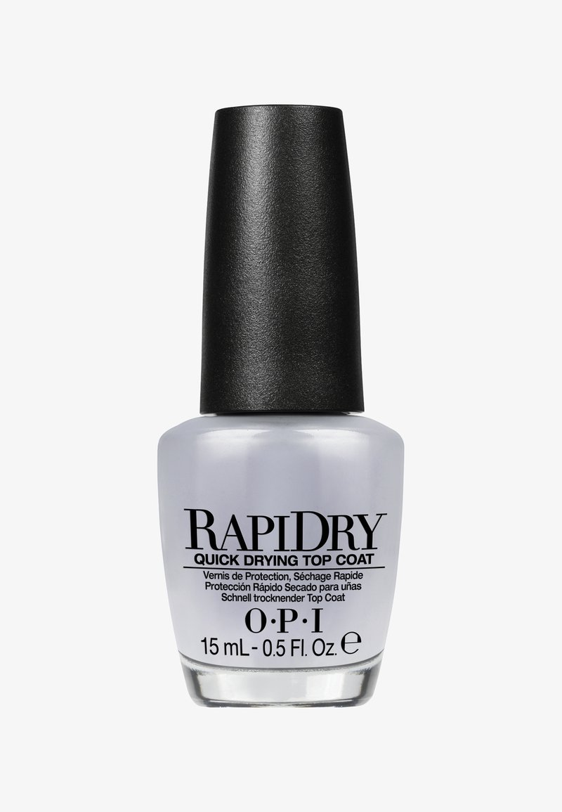 OPI Rapidry snel drogende topcoat nagellakflesje, 15 mL, met zwarte dop en een doorzichtige matglazen houder.