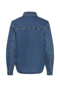 Džinsu krekls, tumši zils, garās piedurknes, pogājamie aproces, tradicionāla apkakle, taisns griezums ar aizmugurē izvietotu šuvju, bez kabatām vai rotājumiem.