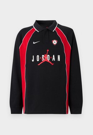 Fekete hosszú ujjú galléros póló piros oldalsó panelekkel, fehér szegéllyel, Nike logóval és piros Jumpman logóval "JORDAN" felirattal elöl.