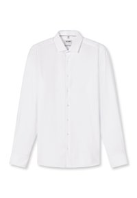 Chemise blanche à manches longues avec boutons, col pointu, boutons visibles et coupe ajustée, posée à plat sur fond blanc.