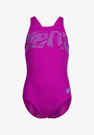 Costume intero viola con scollo a U, spalline sottili e motivo grafico con strisce azzurro chiaro. Logo del marchio in basso a destra.