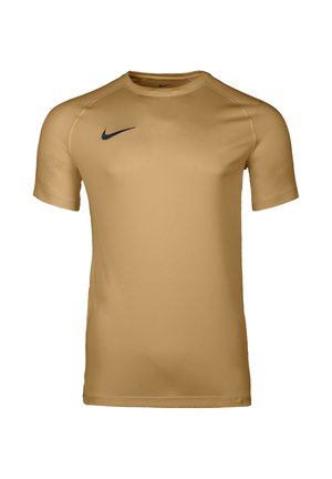 Kurzärmliges, hellbraunes Sportshirt mit schwarzem Nike-Swoosh-Logo auf der oberen linken Brust, Rundhalsausschnitt und glatter Stoffstruktur.