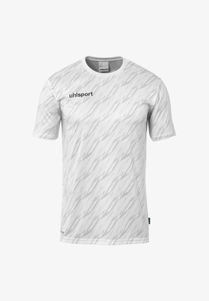Hvid kortærmet t-shirt med et diagonalt mønster, lavet af åndbart materiale. Har et logo på venstre bryst og et grønt mærke.