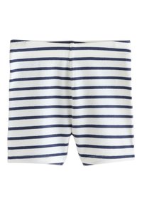 Valged lühikesed püksid horisontaalsete tumesiniste triipudega ja elastse vöökohaga, esitatud tasapinnaliselt ilma taustaelementideta.