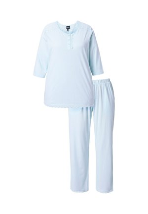 Helles blaues Pyjama-Set mit einem Kurzarmoberteil mit Knopfleiste und Spitzenverzierung, kombiniert mit elastischen Hosen. Glattes Material, lockere Passform.