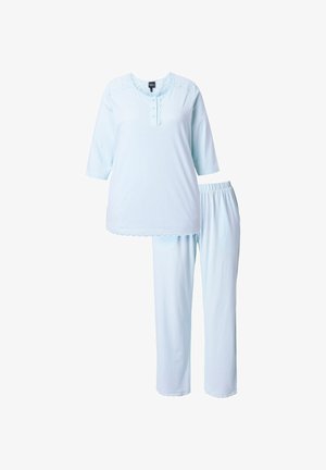 Vaatekokonaisuus, joka koostuu vaaleansinisistä pyjamahousuista ja lyhythihaisesta paidasta, jossa on nappikaulus ja pitsiyksityiskohta. Housuissa on joustava vyötärö. Kangas on sileää ja malli on rento.