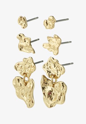 Goldfarbene Ohrringe mit abstrakten organischen Formen und einer strukturierten Oberfläche. Enthält zwei Paar Stecker und ein hängendes Design. Silberne Stecker.