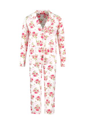 Women's two-piece long-sleeve button-up pajamas with pink and red floral pattern on white background.