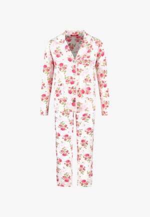 Women's two-piece long-sleeve button-up pajamas with pink and red floral pattern on white background.