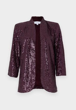 Burgunderfarbige Paillettenjacke mit weiter Passform, rundem Ausschnitt und 3/4-Ärmeln; glatte Innenseite, glänzende Oberfläche mit reflektierenden Details.