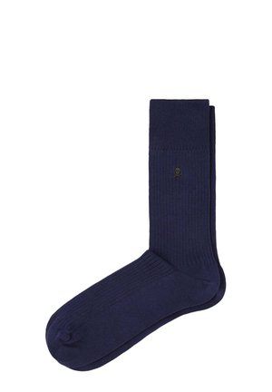 Calcetines de algodón azul marino con textura acanalada, puño estructurado y un pequeño logo de calavera verde en el costado.