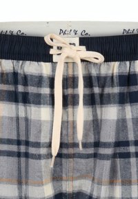 Geruite stoffen broek met navy elastische tailleband en een beige koord dat in een strik is geknoopt aan de voorkant.