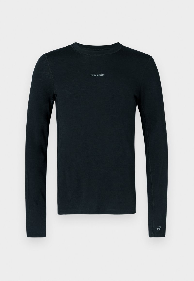 Schwarzes Langarmshirt mit rundem Ausschnitt. Verfügt über dezente Markenkennzeichnung in der Mitte. Hergestellt aus glattem, leichtem Material.