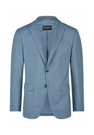 Błękitna marynarka męska z dwoma guzikami, klapami z wycięciem, kieszeniami z patkami oraz kieszenią na piersi, z markowym logo Hechter Paris na wewnętrznym kołnierzu.