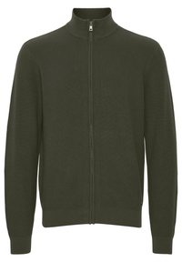 Mørkegrønn zip-up genser med høy krage, ribbestruktur og en tettsittende design. Har en glatt glidelås og ingen synlige mønstre.
